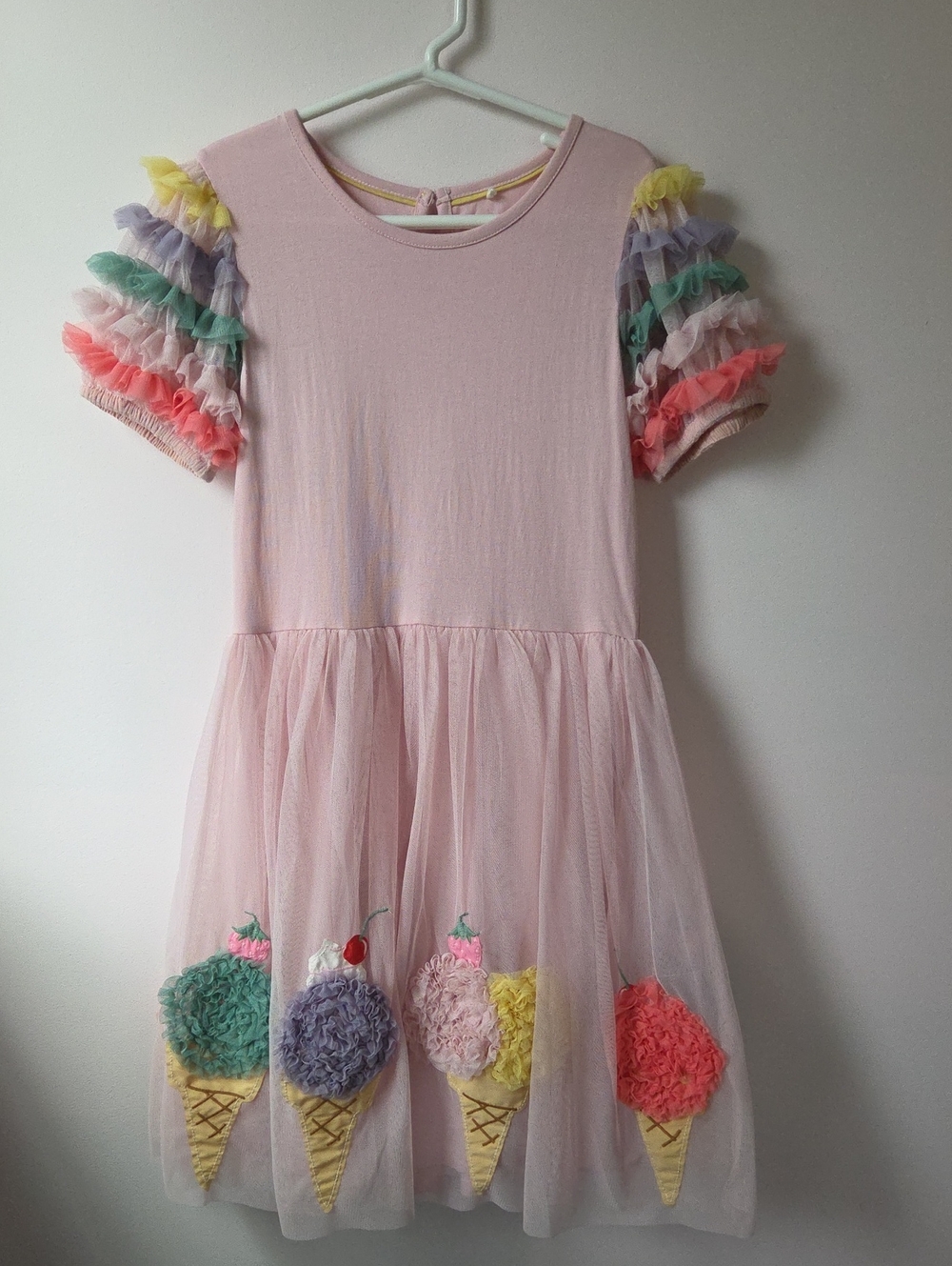 Mini Boden Pink Dress with Rainbow Ruffle Sleeves